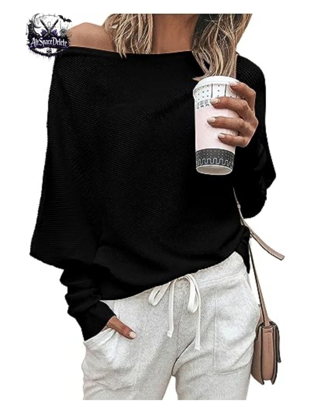 Off The Shoulder Knit Pullover Sweater Batwing Long Sleeve Loose Fit